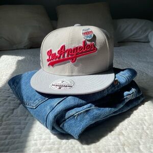 Los Angeles Dodgers MLB Baseball Cap Beige Tan & Red Cursive